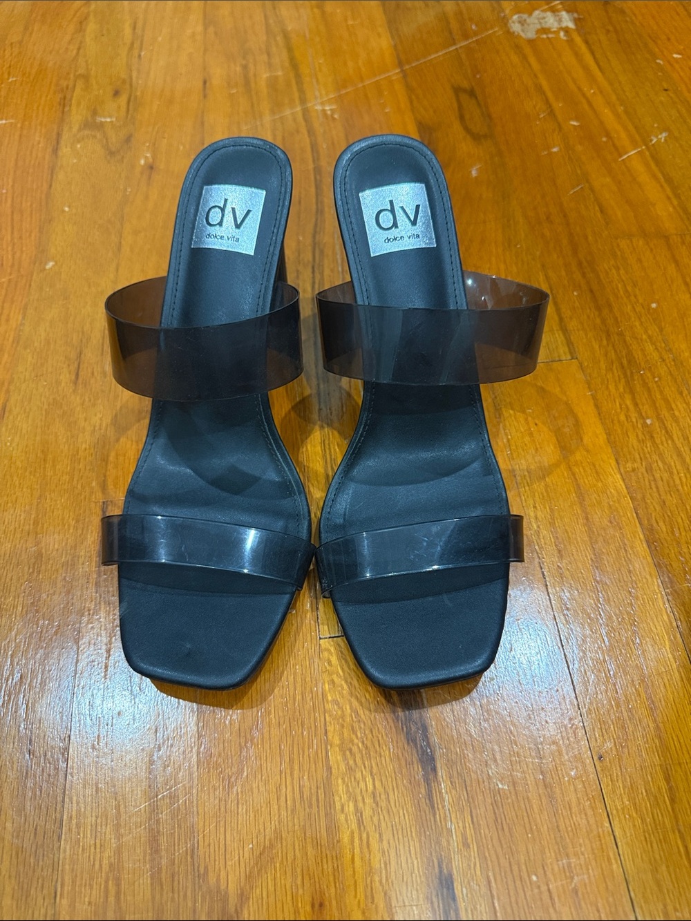 DV by Dolce Vita Black Slide Sandals with Smoky Clear Straps